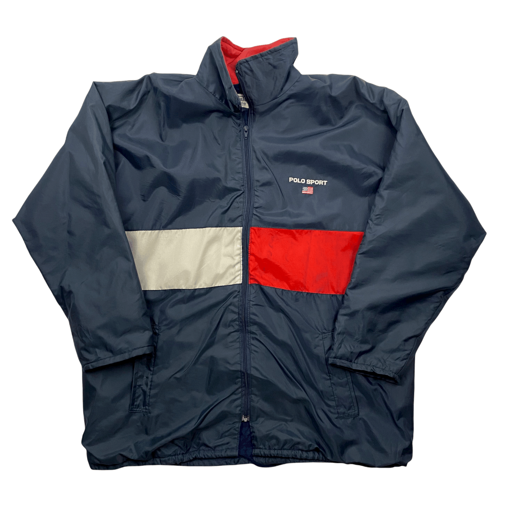 Vintage 80s Navy Blue, White + Red Ralph Lauren Polo Sport Large Logo  Spell-Out Jacket