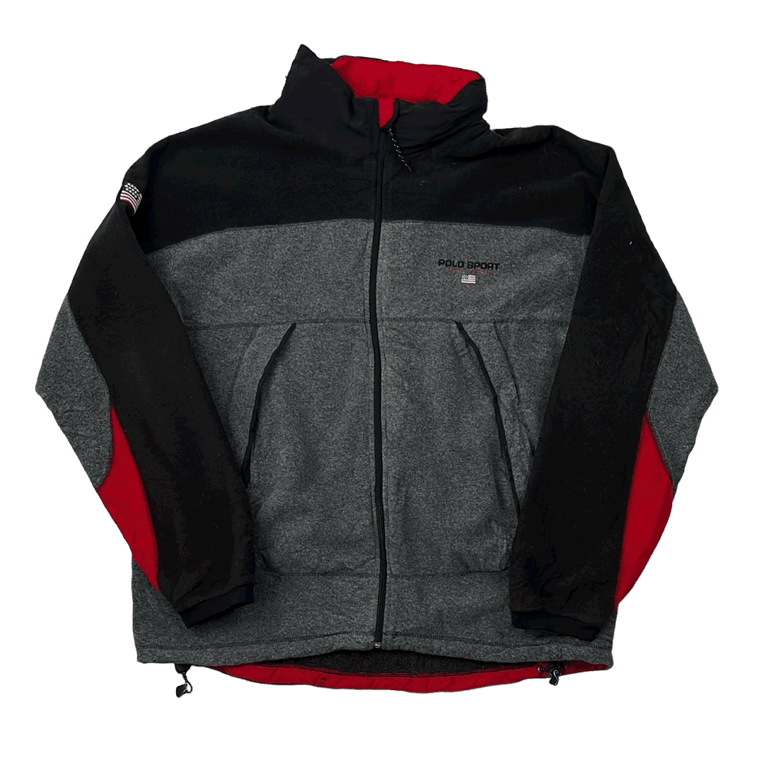 Vintage 90s Black Grey Ralph Lauren Polo Sport Full Zip Fleece Jacket XL