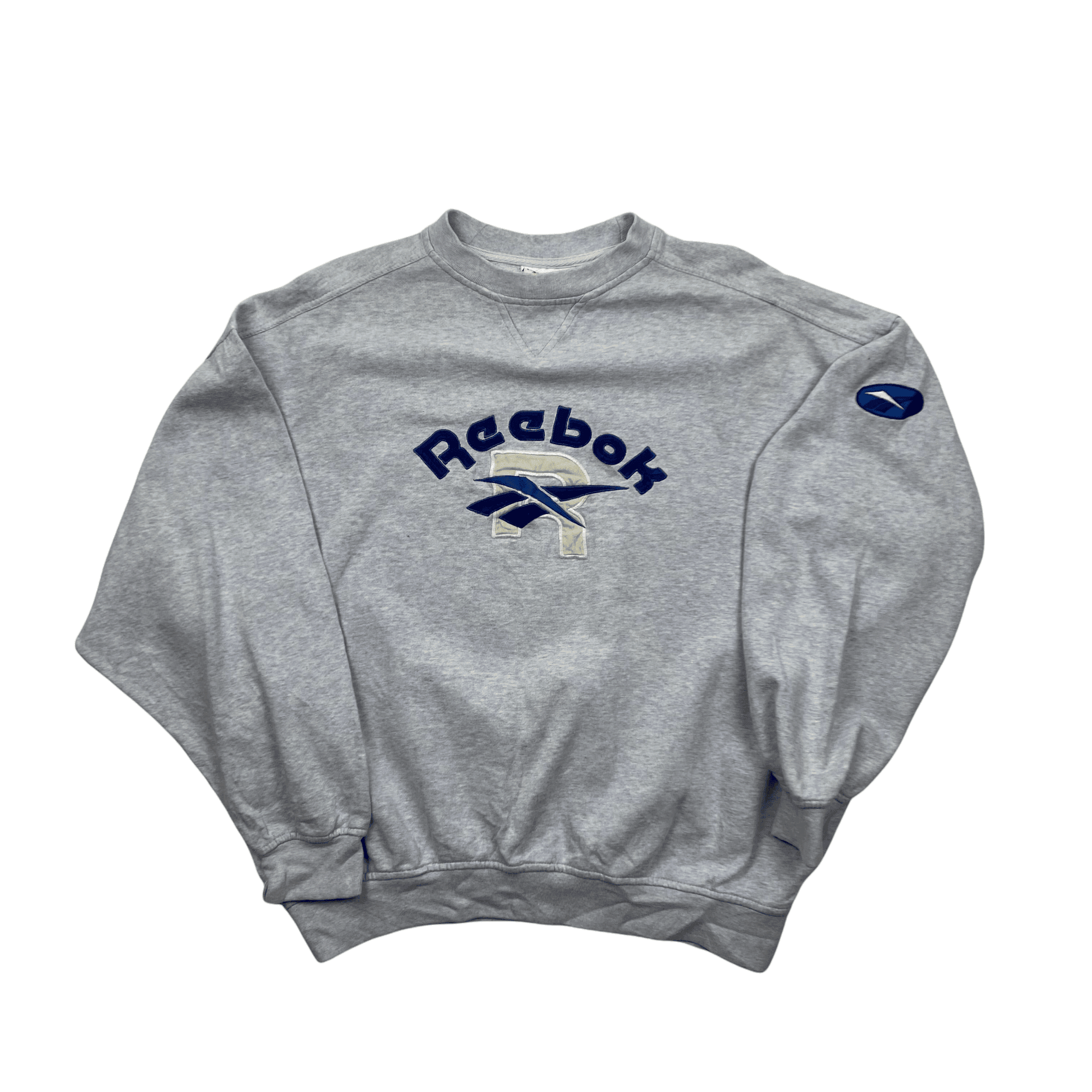 Vintage 90s Women s Grey Blue Reebok Spell Out Sweatshirt Medium