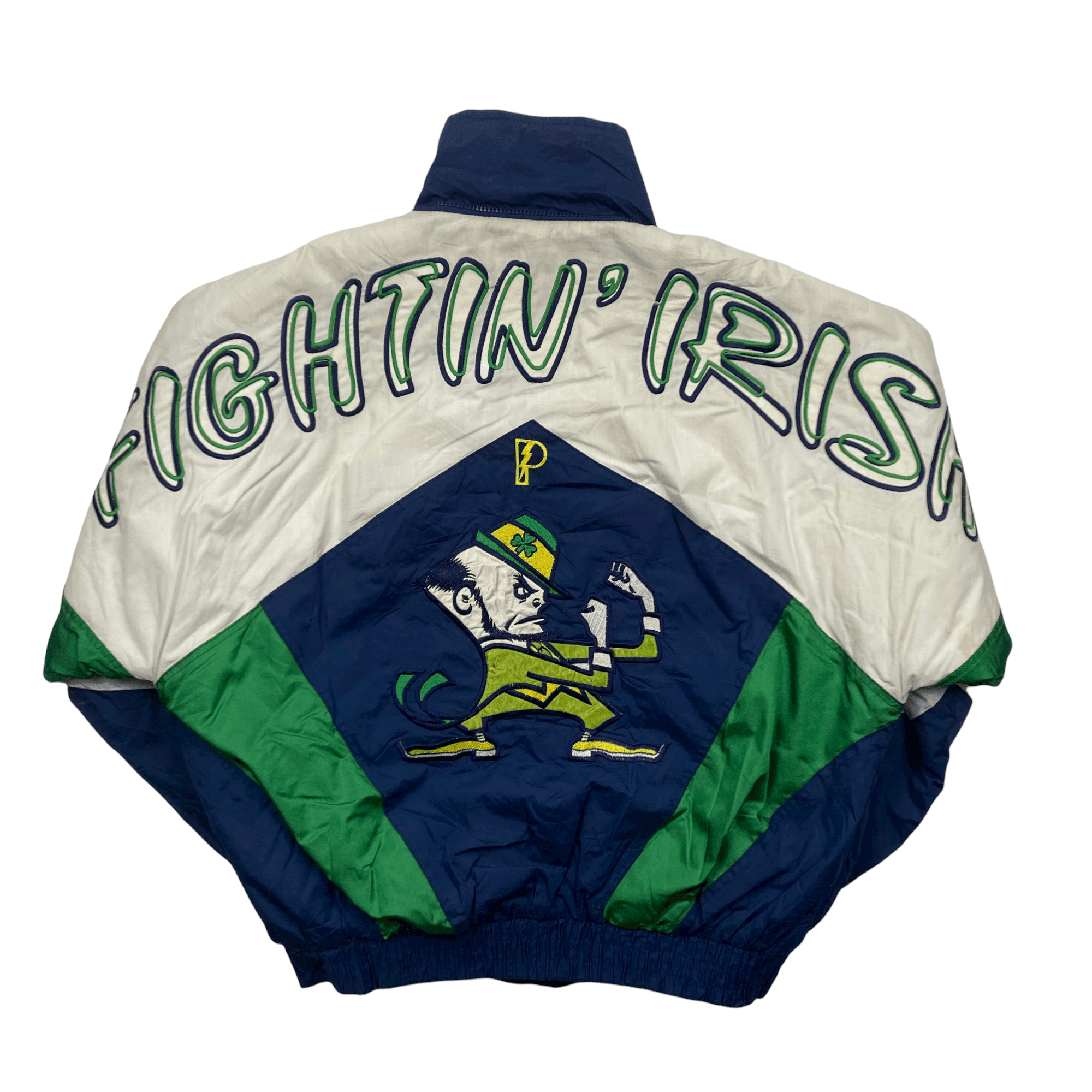 Vintage Blue White Green Pro Player University of Norte Dame Fighting Irish Coat Jacket Large
