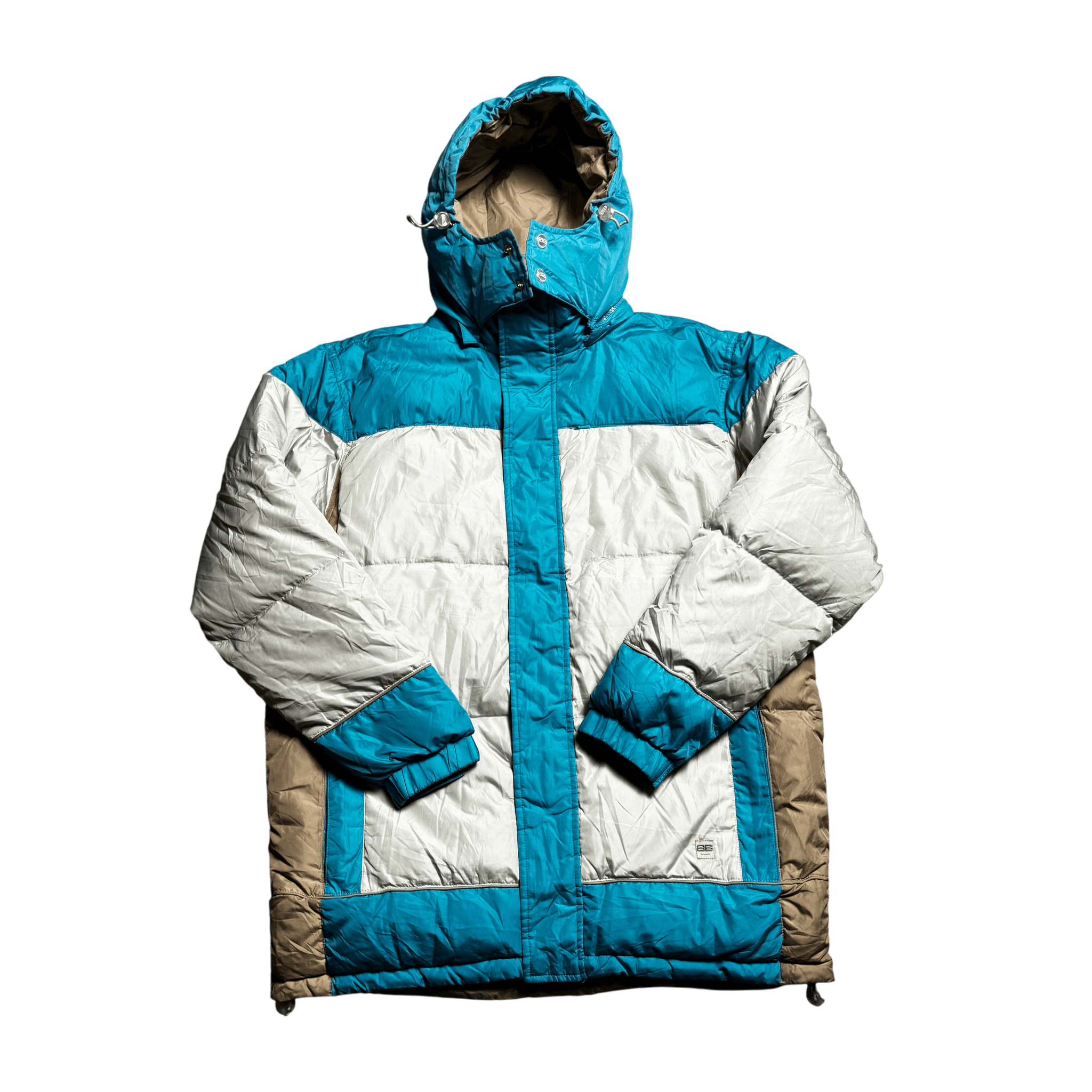 Vintage 90s White, Blue + Beige Balenciaga Reversible Puffer Coat - M