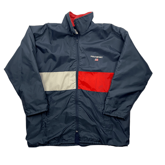 Vintage 80s Navy Blue, White + Red Ralph Lauren Polo Sport Large Logo Spell-Out Jacket - The Streetwear Studio