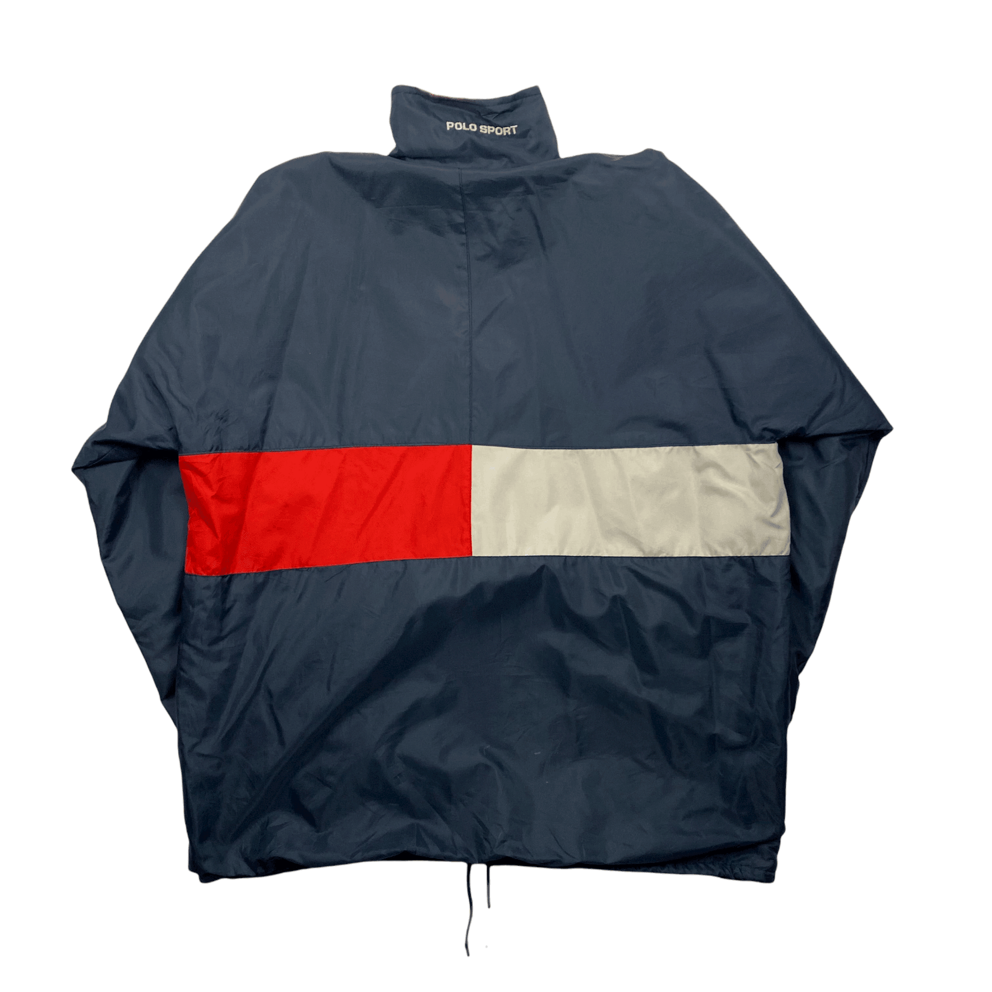 Vintage 80s Navy Blue, White + Red Ralph Lauren Polo Sport Large Logo Spell-Out Jacket - The Streetwear Studio