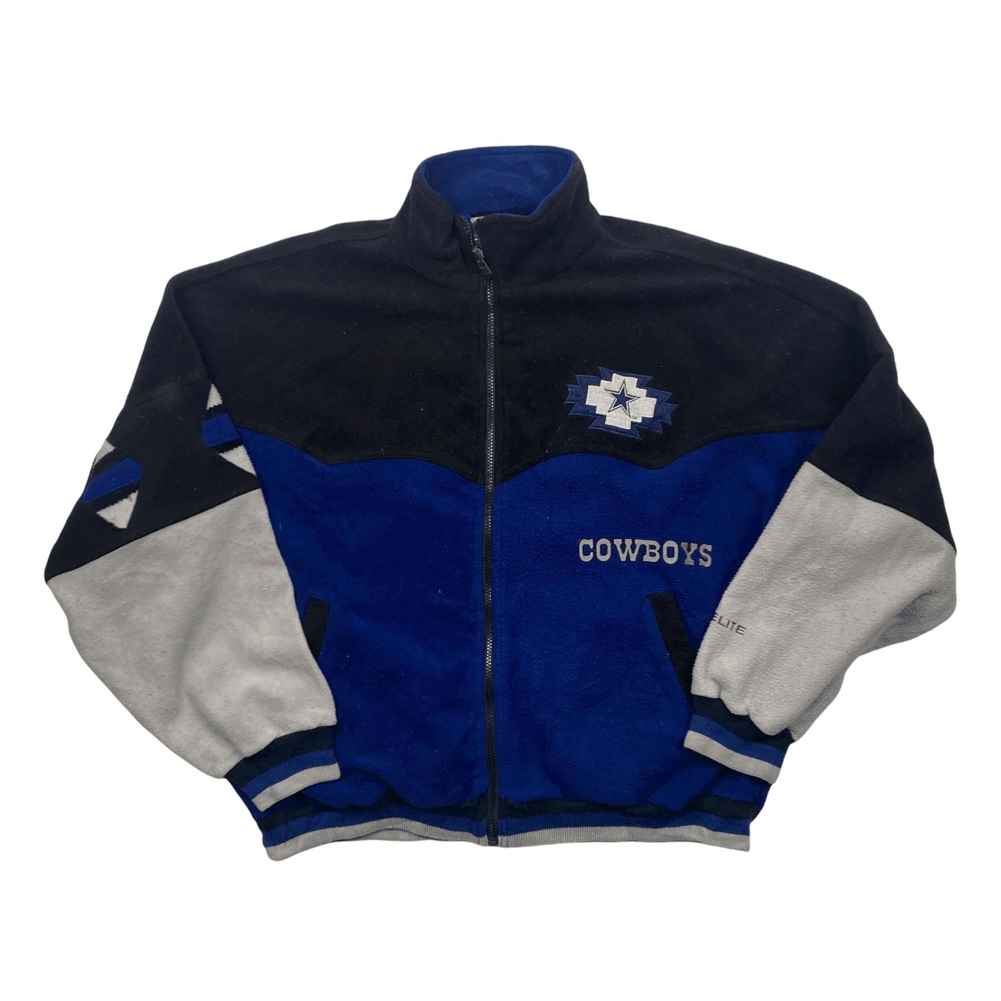 Vintage 90s Black, Blue + Grey Dallas Cowboys Spell-Out Full Zip Fleec