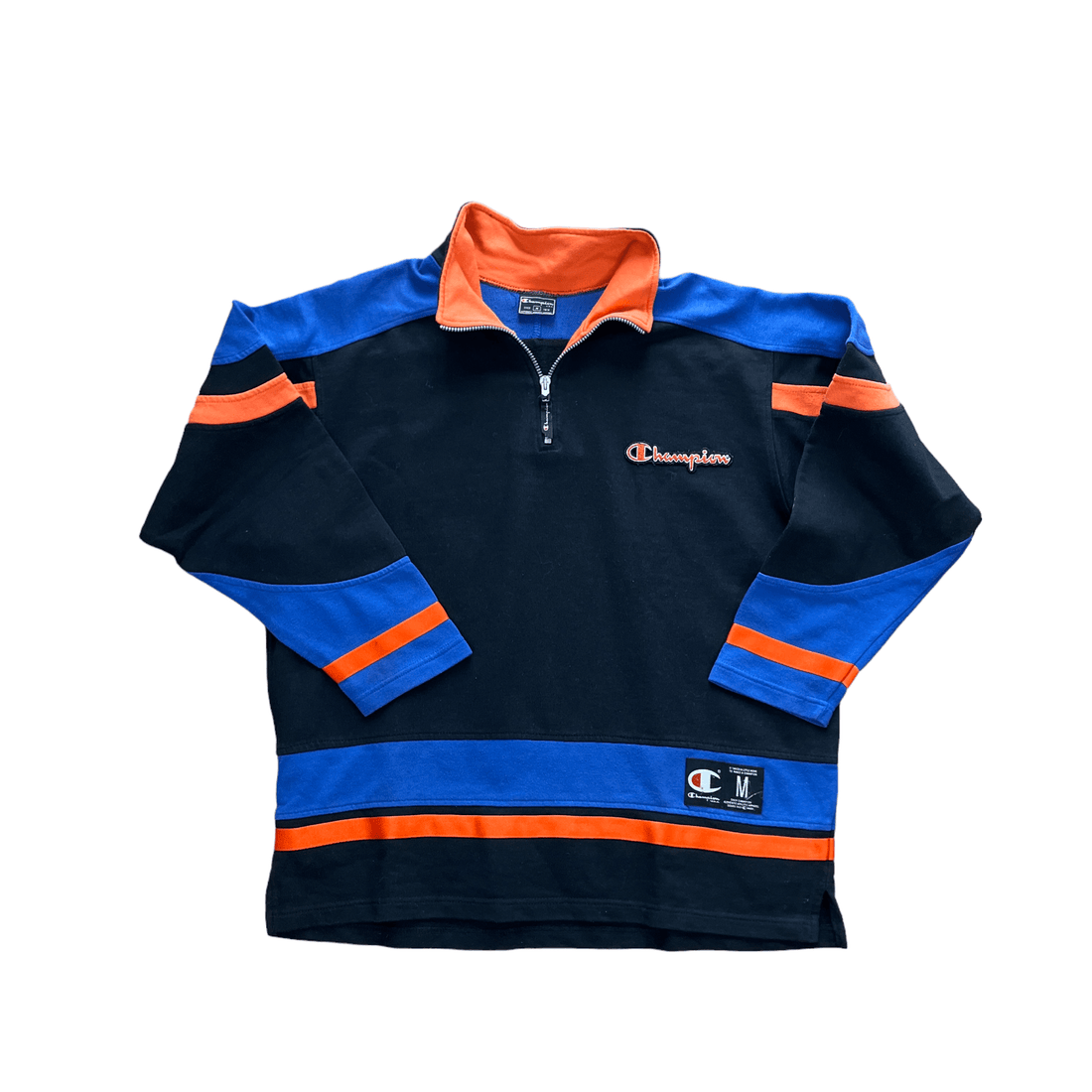 Vintage 90s Black, Blue + Orange Champion Quarter Zip Sweatshirt - Medium - The Streetwear Studio
