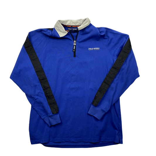 Vintage 90s Black + Blue Ralph Lauren Polo Sport Spell-Out Quarter Zip Polo Shirt - Extra Large - The Streetwear Studio