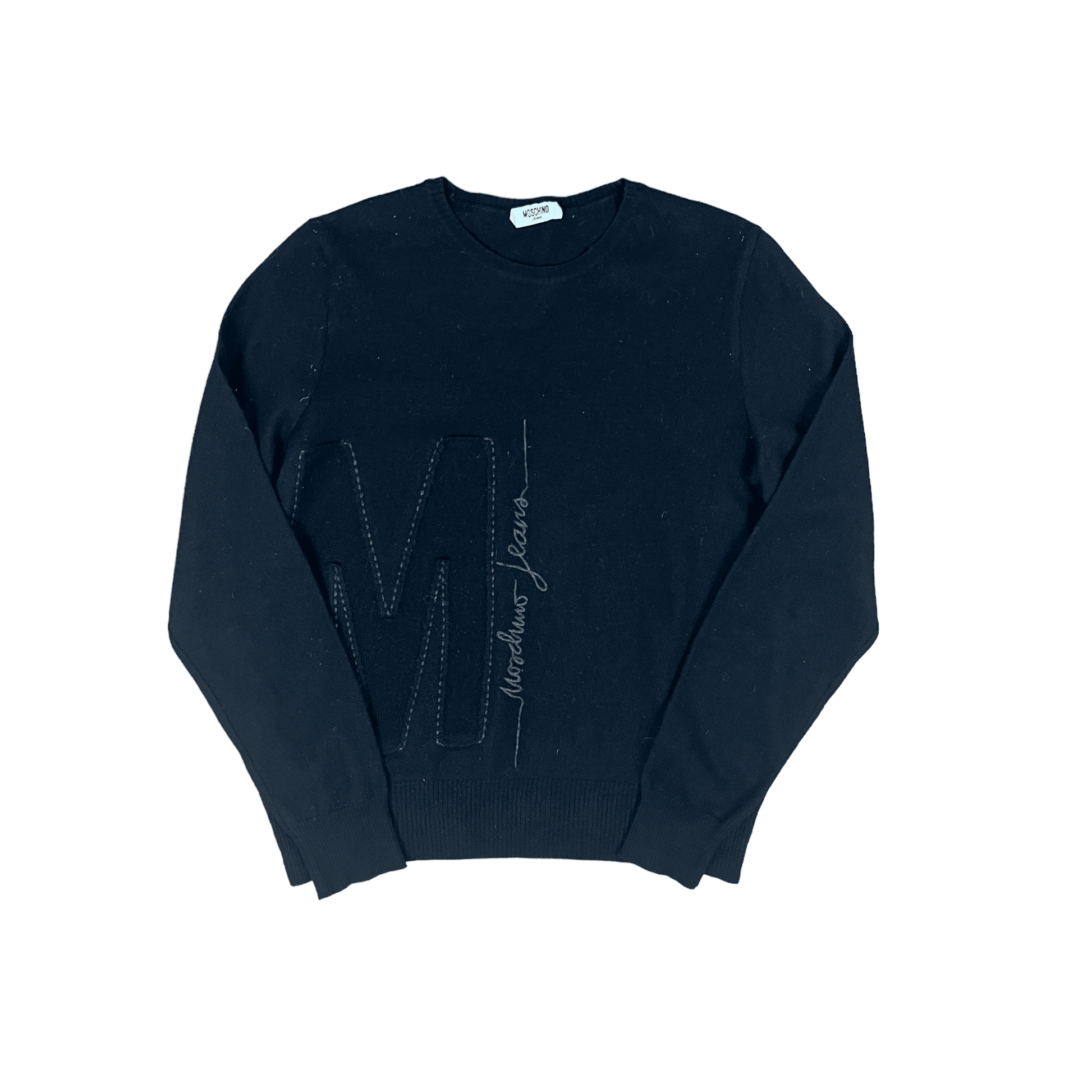 Vintage 90s Black Moschino Jeans Spell-Out Knitted Sweatshirt - Small - The Streetwear Studio