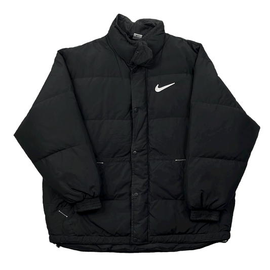 Vintage 90s Black Nike Large Logo Puffer Coat/ Jacket - Extra Large - The Streetwear Studio