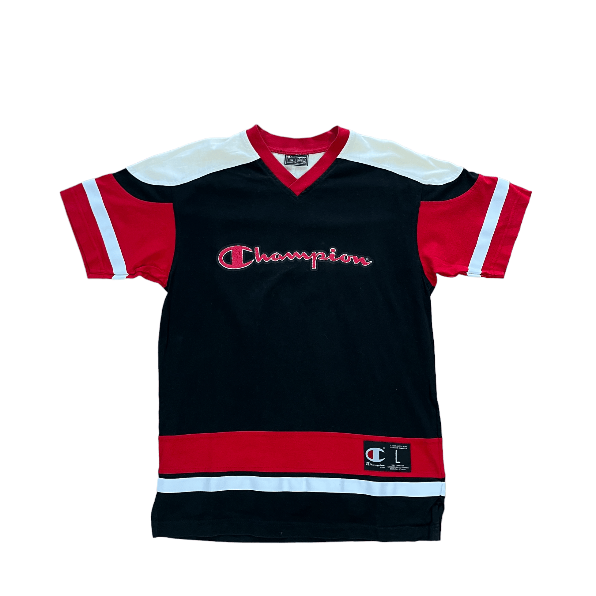 Vintage 90s Black, Red + White Champion Tee - Recommended Size - Small - The Streetwear Studio