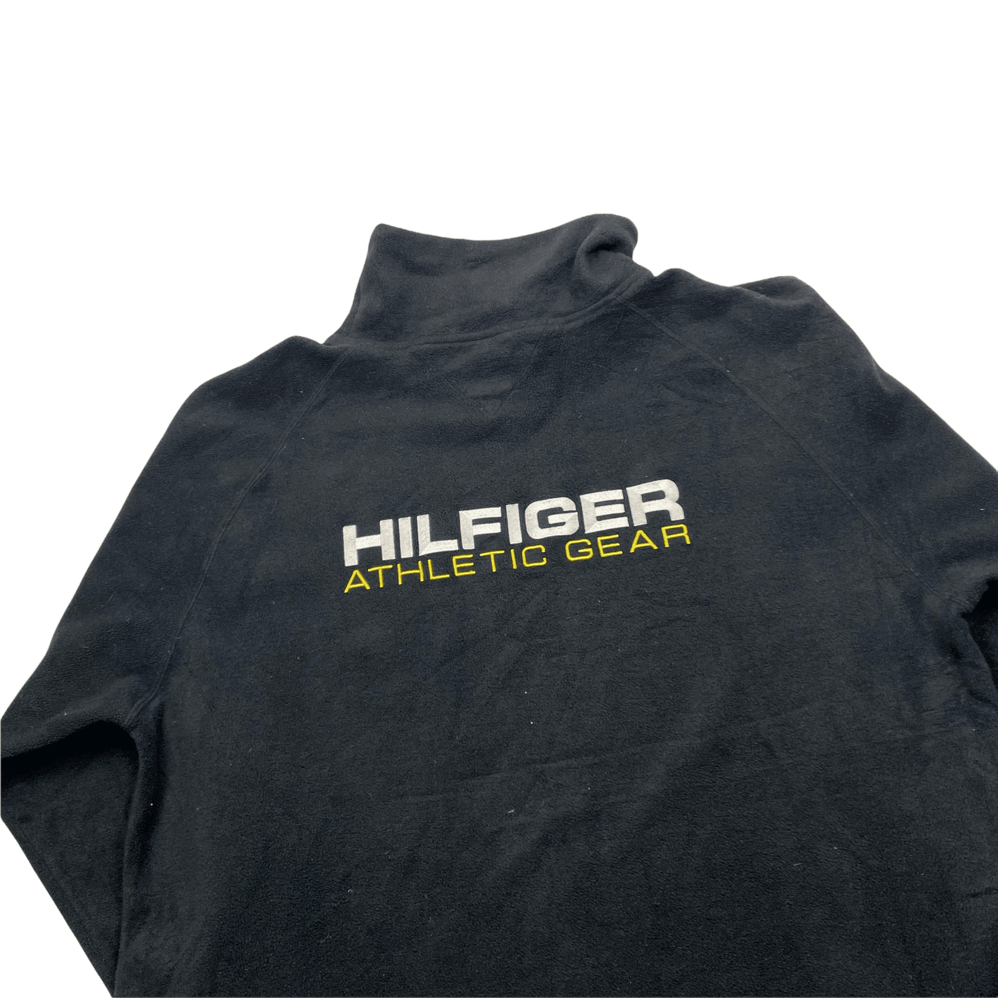 Vintage 90s Black Tommy Hilfiger Spell-Out Fleece Sweatshirt - Large (Recommended Size - Extra Large) - The Streetwear Studio
