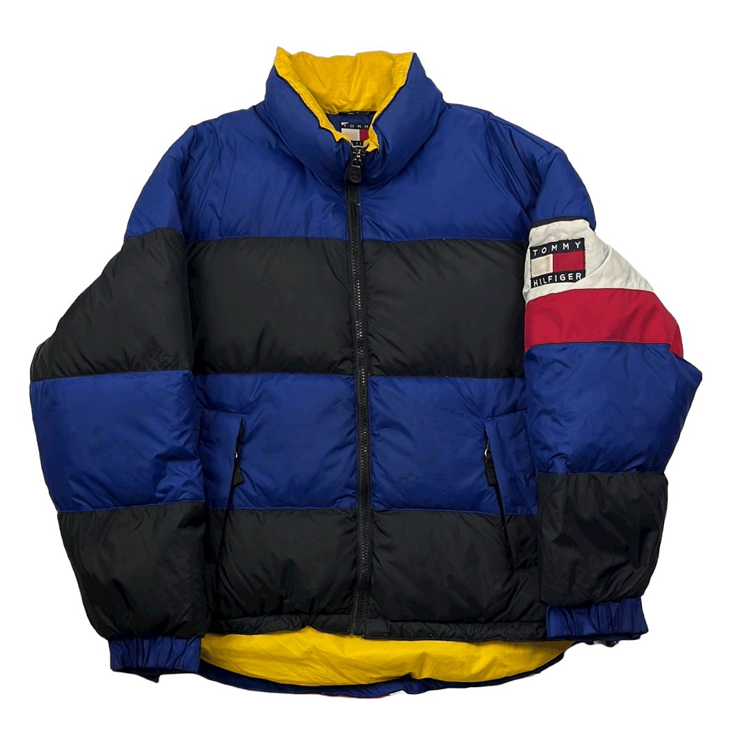 Vintage 90s Blue, Black, Red + White Tommy Hilfiger Puffer Coat/ Jacket - Large - The Streetwear Studio