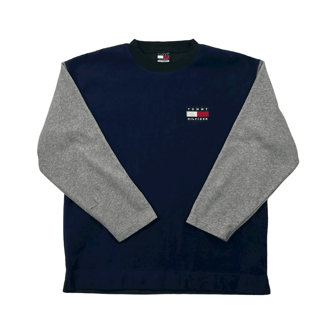 Vintage 90s Blue, Grey + Green Tommy Hilfiger Fleece Sweatshirt - Extra Large - The Streetwear Studio