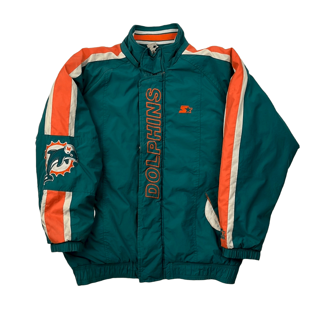 Vintage 90s Blue, Orange + White Starter Miami Dolphins NFL Spell-Out Coat/ Jacket - Medium - The Streetwear Studio