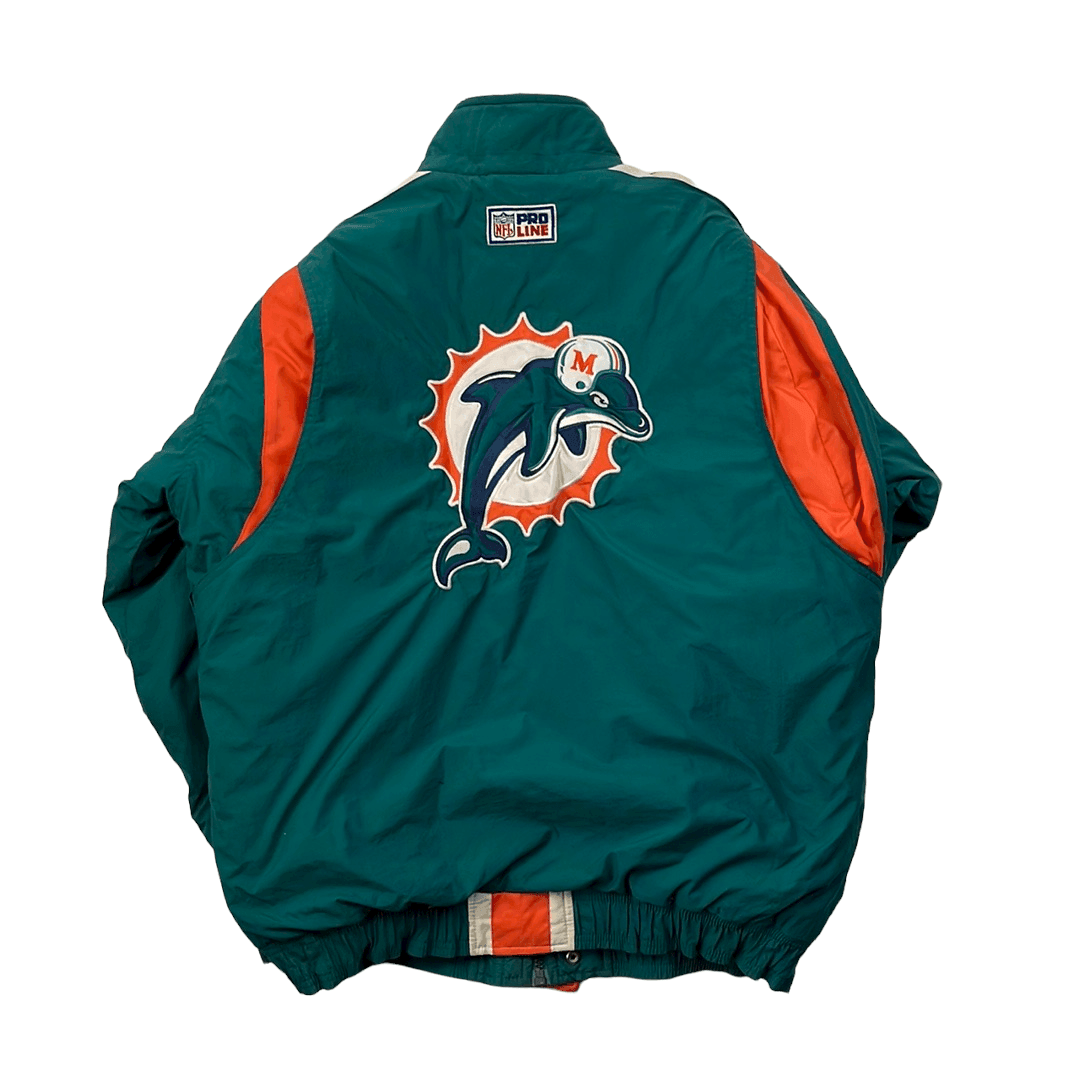 Vintage 90s Blue, Orange + White Starter Miami Dolphins NFL Spell-Out Coat/  Jacket - Medium