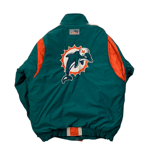Vintage 90s Blue, Orange + White Starter Miami Dolphins NFL Spell-Out Coat/ Jacket - Medium - The Streetwear Studio