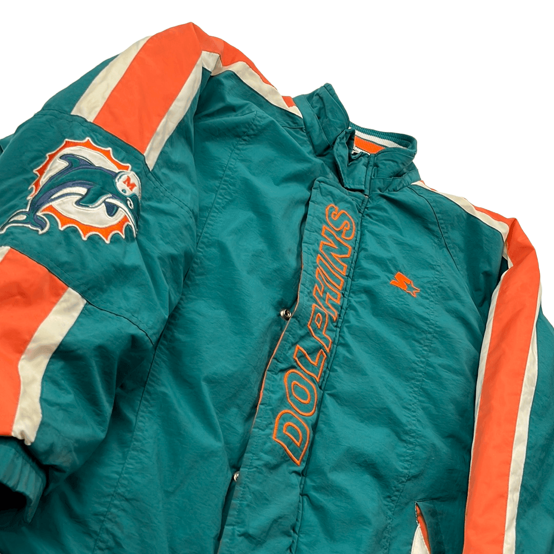 Vintage 90s Blue, Orange + White Starter Miami Dolphins NFL Spell-Out Coat/  Jacket - Medium