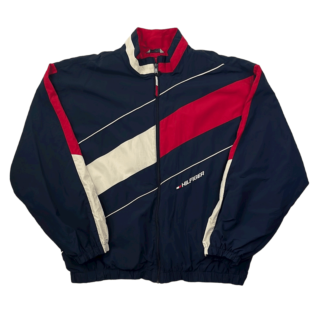 Vintage 90s Blue, Red + White Tommy Hilfiger Spell-Out Jacket - XXL - The Streetwear Studio