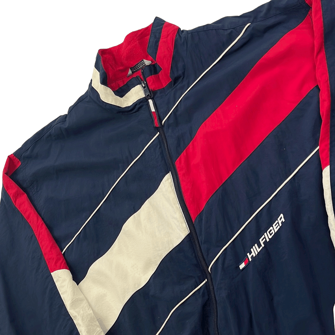 Vintage 90s Blue, Red + White Tommy Hilfiger Spell-Out Jacket - XXL - The Streetwear Studio
