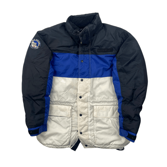 Vintage 90s Blue, White + Black Ralph Lauren Polo Sport Artic Challenge Puffer Coat/ Jacket - Large - The Streetwear Studio