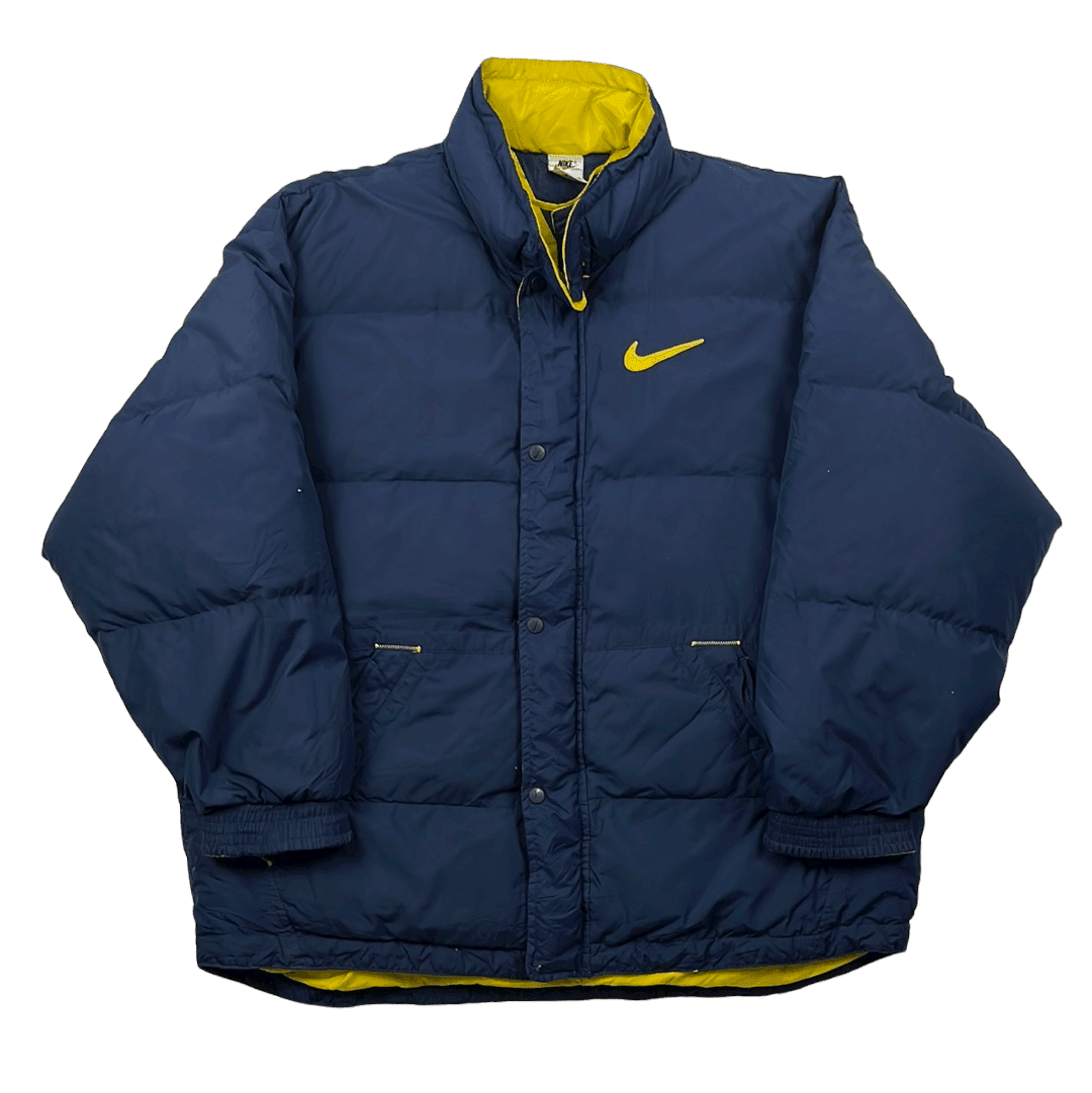 Vintage 90s Blue + Yellow Nike Large Logo Puffer Coat/ Jacket - Extra Large - The Streetwear Studio
