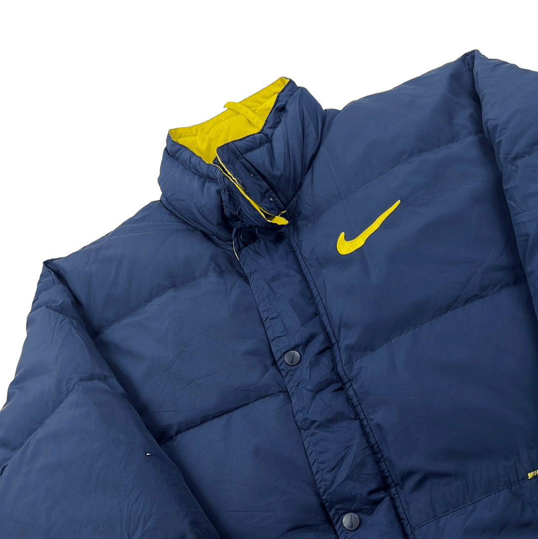 Vintage 90s Blue + Yellow Nike Large Logo Puffer Coat/ Jacket - Extra Large - The Streetwear Studio