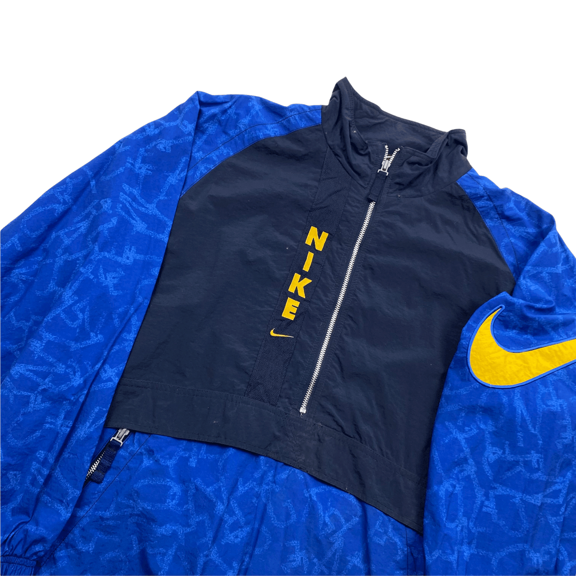 Vintage 90s Blue + Yellow Nike Large Logo Spell-Out Half Zip Jacket - Medium - The Streetwear Studio