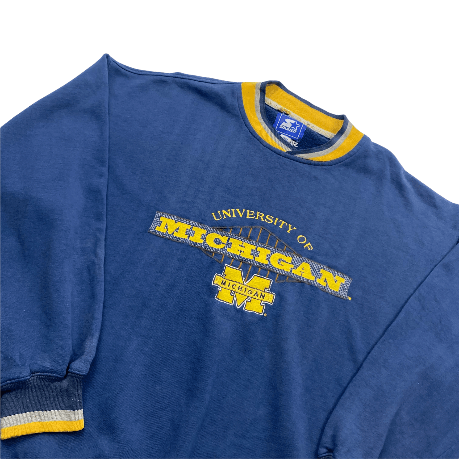 Vintage 90s Blue + Yellow Starter University of Michigan USA Spell-Out Sweatshirt - Extra Large - The Streetwear Studio