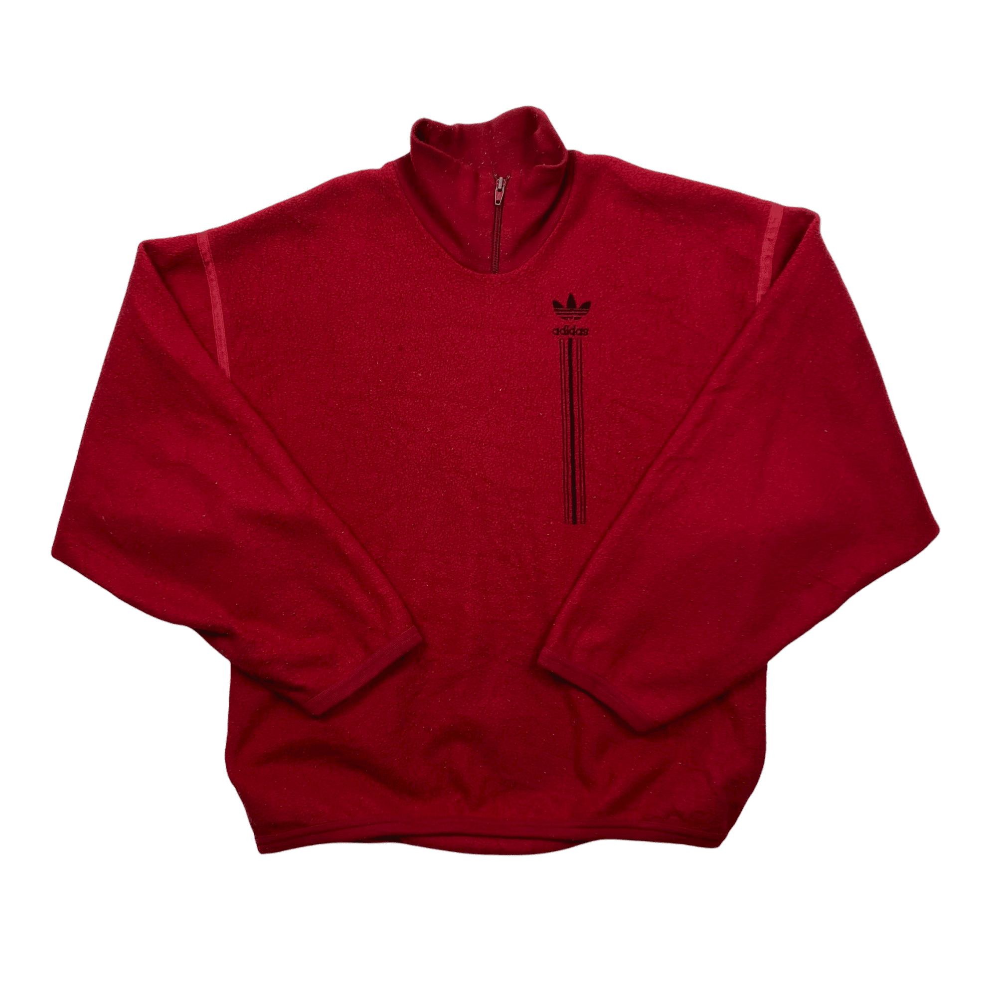 Vintage 90s Burgundy Adidas Spell-Out Quarter Zip Fleece Sweatshirt - Medium - The Streetwear Studio