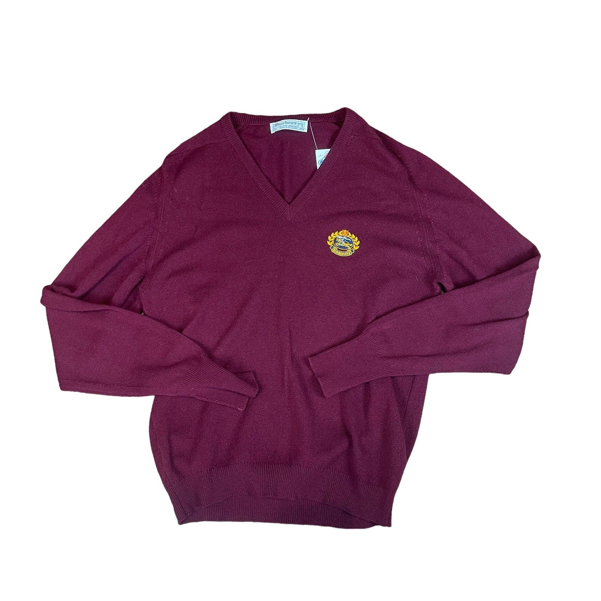 Vintage 90s Burgundy Burberry Knitted Sweatshirt - Large - The Streetwear Studio