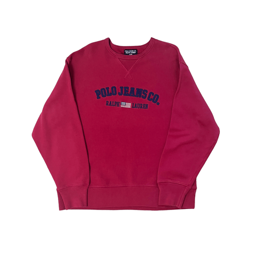 Vintage 90s Burgundy Ralph Lauren Polo Jeans Spell-Out Sweatshirt - Medium - The Streetwear Studio
