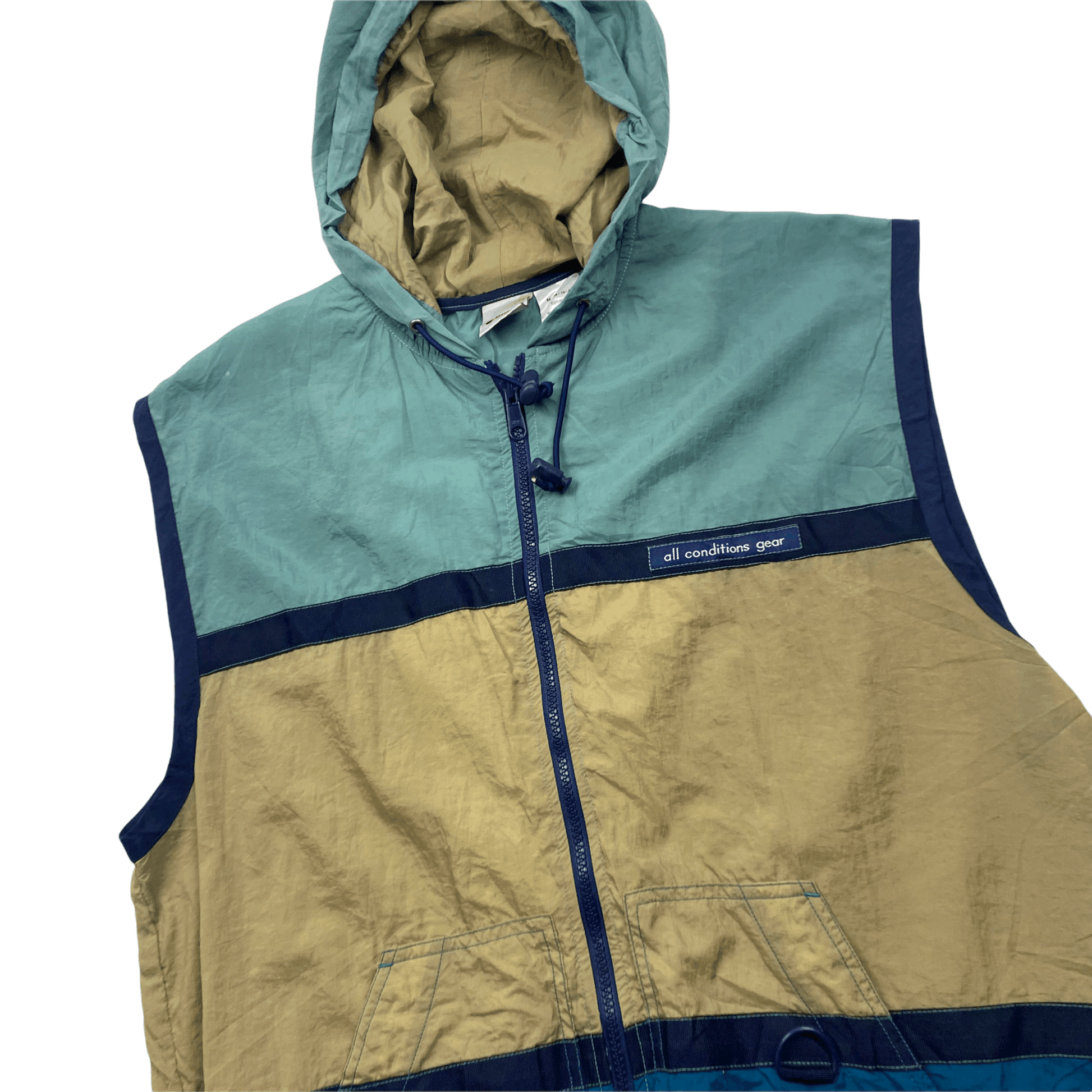 Vintage 90s Green, Beige + Blue Nike ACG Spell-Out Waterproof Gilet/ Vest - Extra Large - The Streetwear Studio