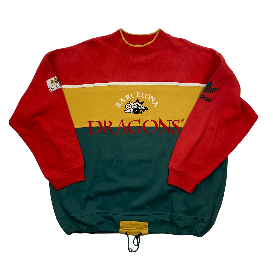 Vintage 90s Green, Red + Yellow Adidas Spell-Out Barcelona Dragons Sweatshirt - Extra Large - The Streetwear Studio
