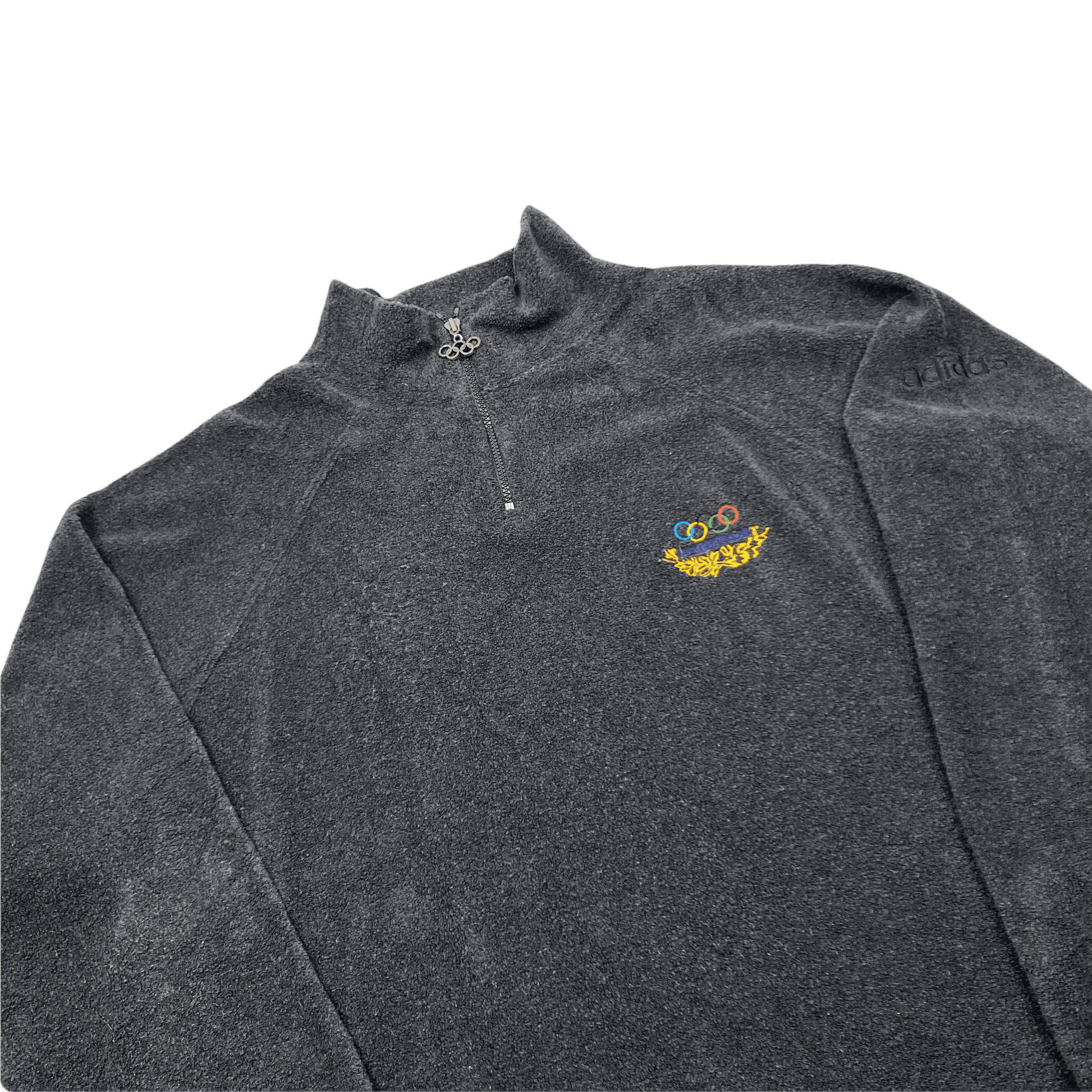 Vintage 90s Grey Adidas Olympic Collection Spell-Out Quarter Zip Fleece - Large (Recommended Size - Extra Large) - The Streetwear Studio