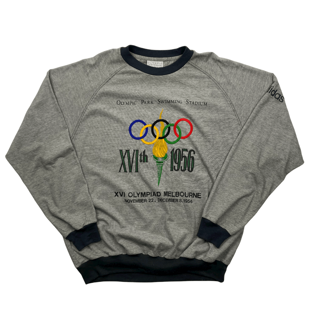 Vintage 90s Grey + Black Adidas Olympics Spell-Out Sweatshirt - Extra Large - The Streetwear Studio