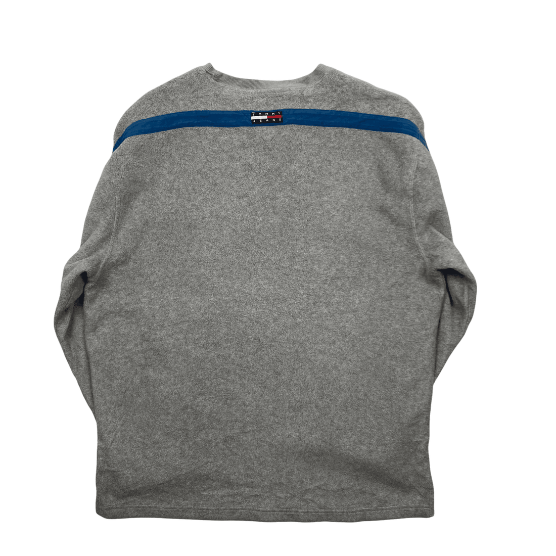 Vintage 90s Grey + Blue Tommy Hilfiger Spell-Out Fleece Sweatshirt - Extra Large (Recommended Size - Large) - The Streetwear Studio