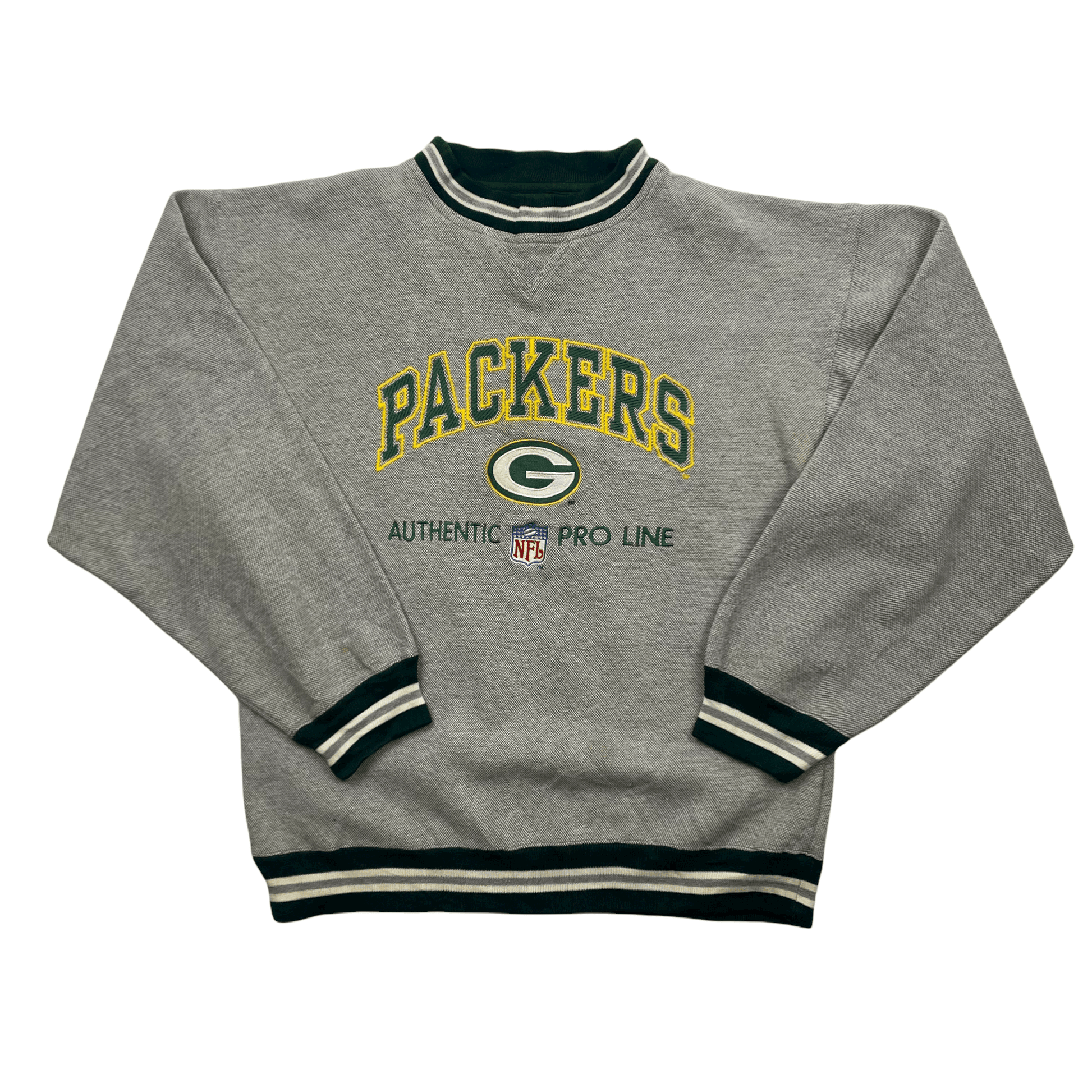 Vintage 90s Grey Green Bay Packers NFL Spell-Out Sweatshirt - Large