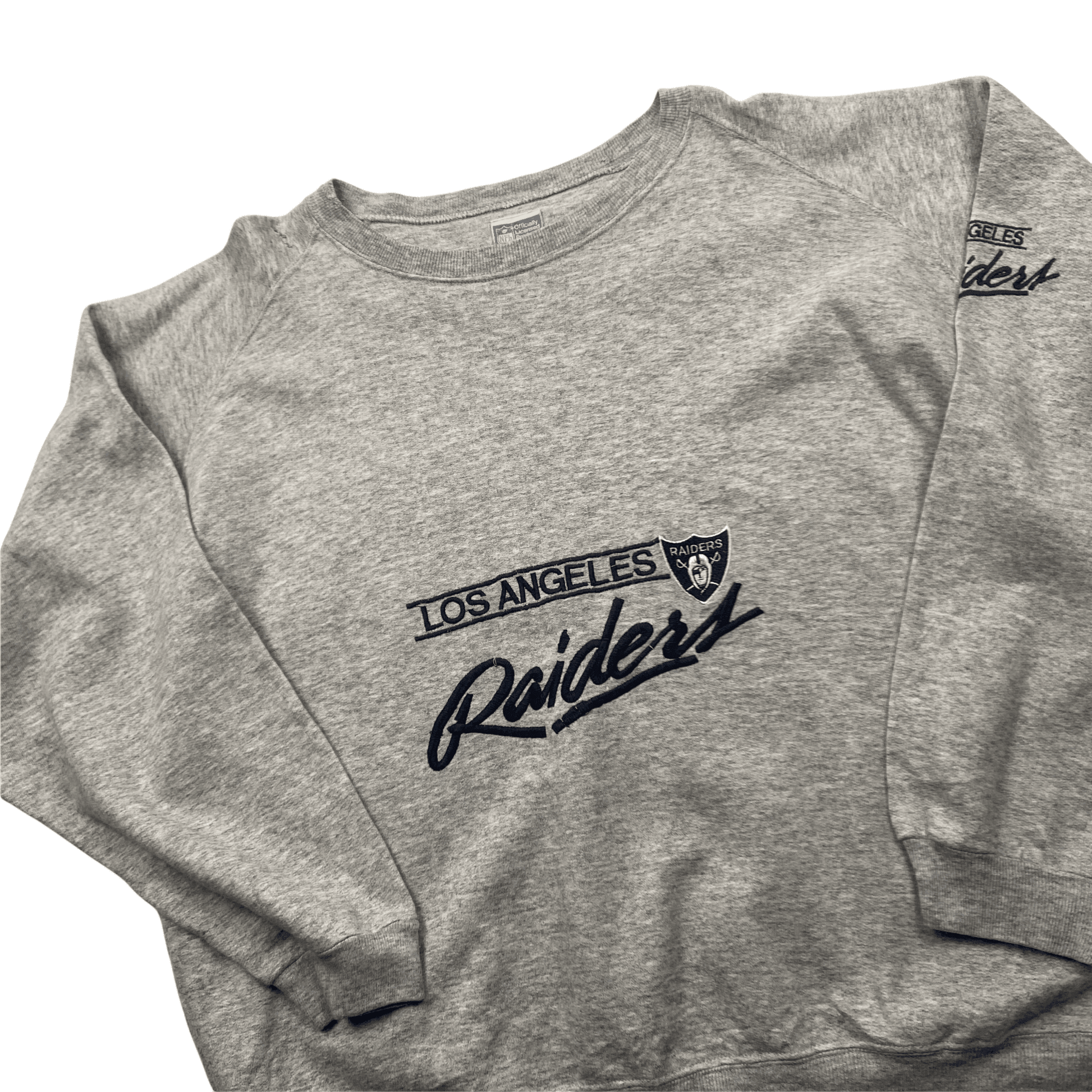 Vintage 90s Grey NFL Los Angeles Raiders Spell-Out Sweatshirt - Medium - The Streetwear Studio