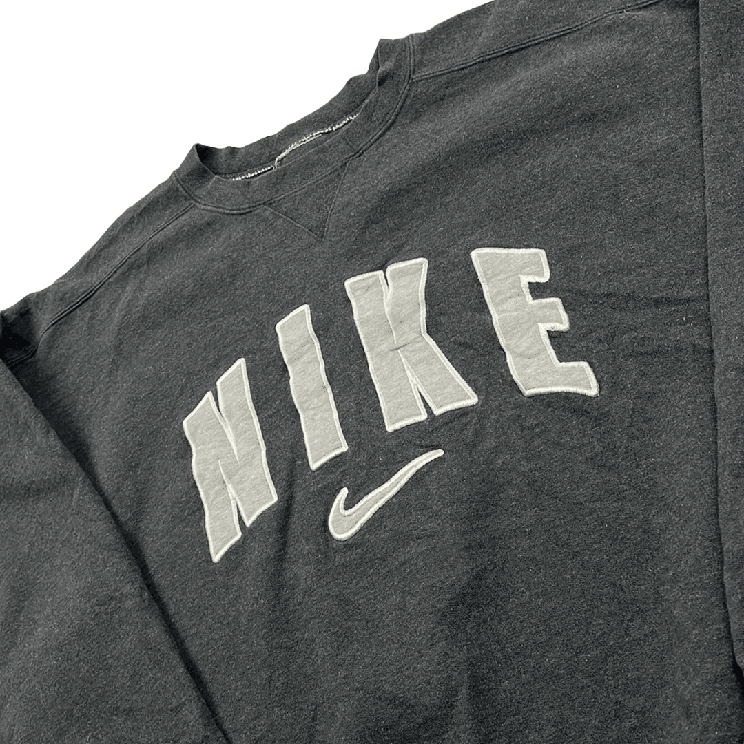 Vintage 90s Grey Nike Spell-Out + Centre Logo Sweatshirt - Large - The Streetwear Studio