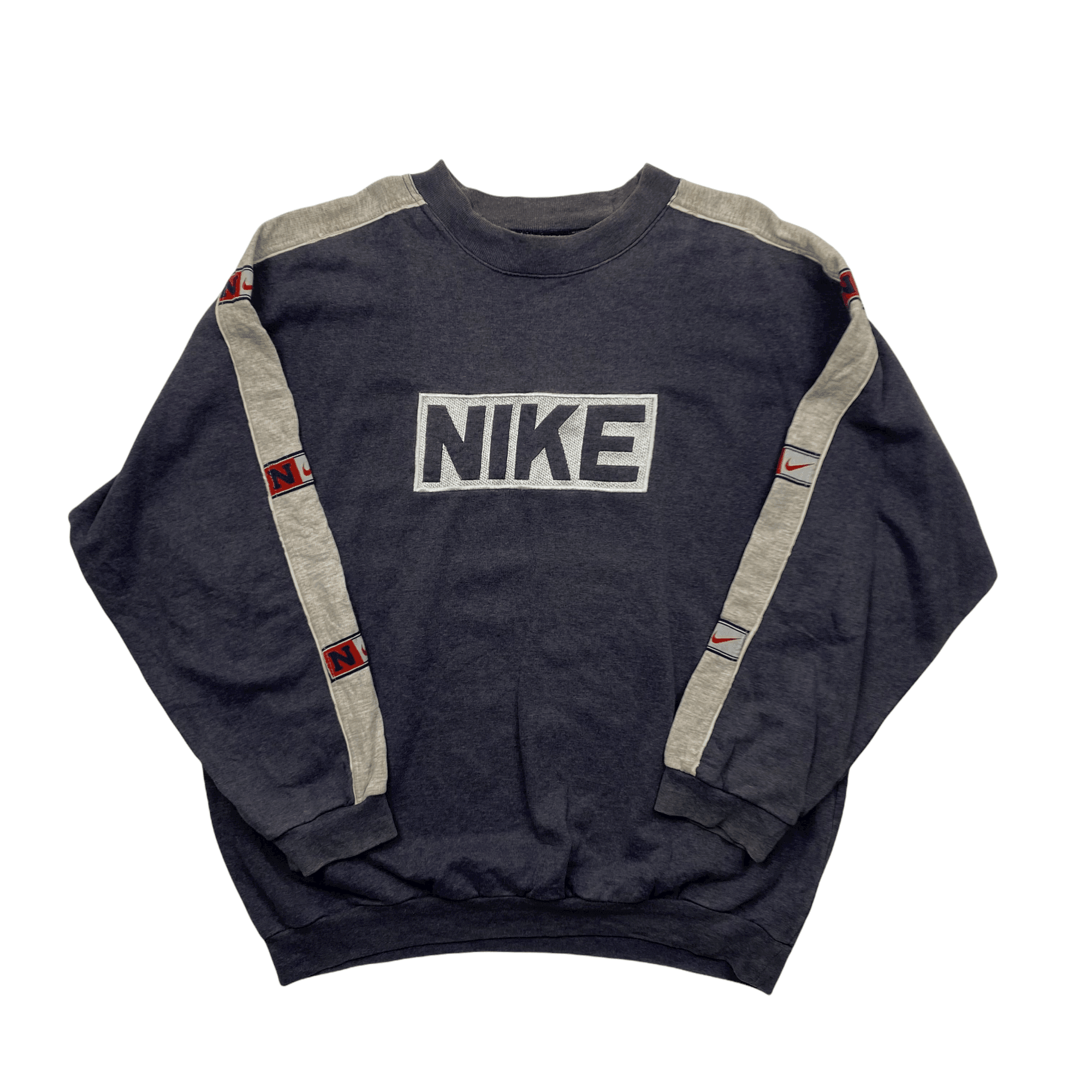Vintage 90s Grey Nike Spell-Out Sweatshirt - Extra Large - The Streetwear Studio