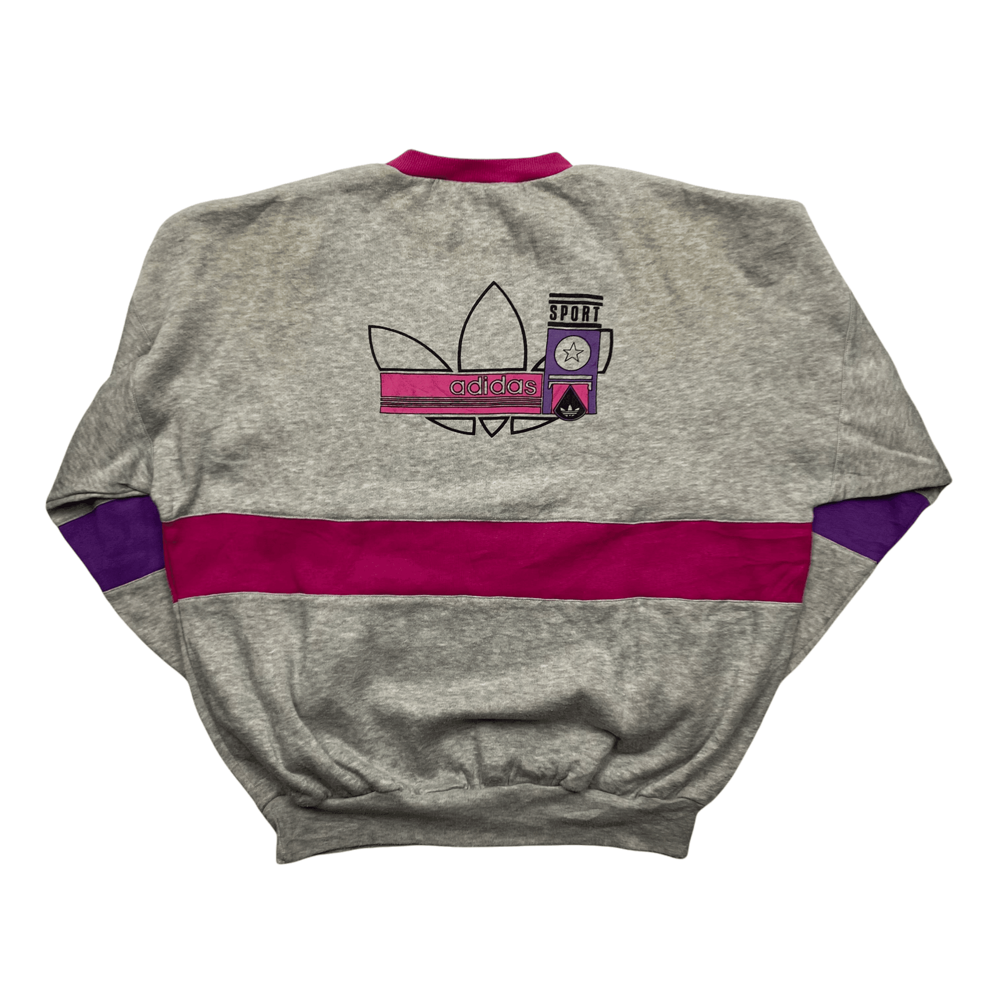 Vintage 90s Grey, Purple + Pink Adidas Spell-Out Sweatshirt - Large - The Streetwear Studio