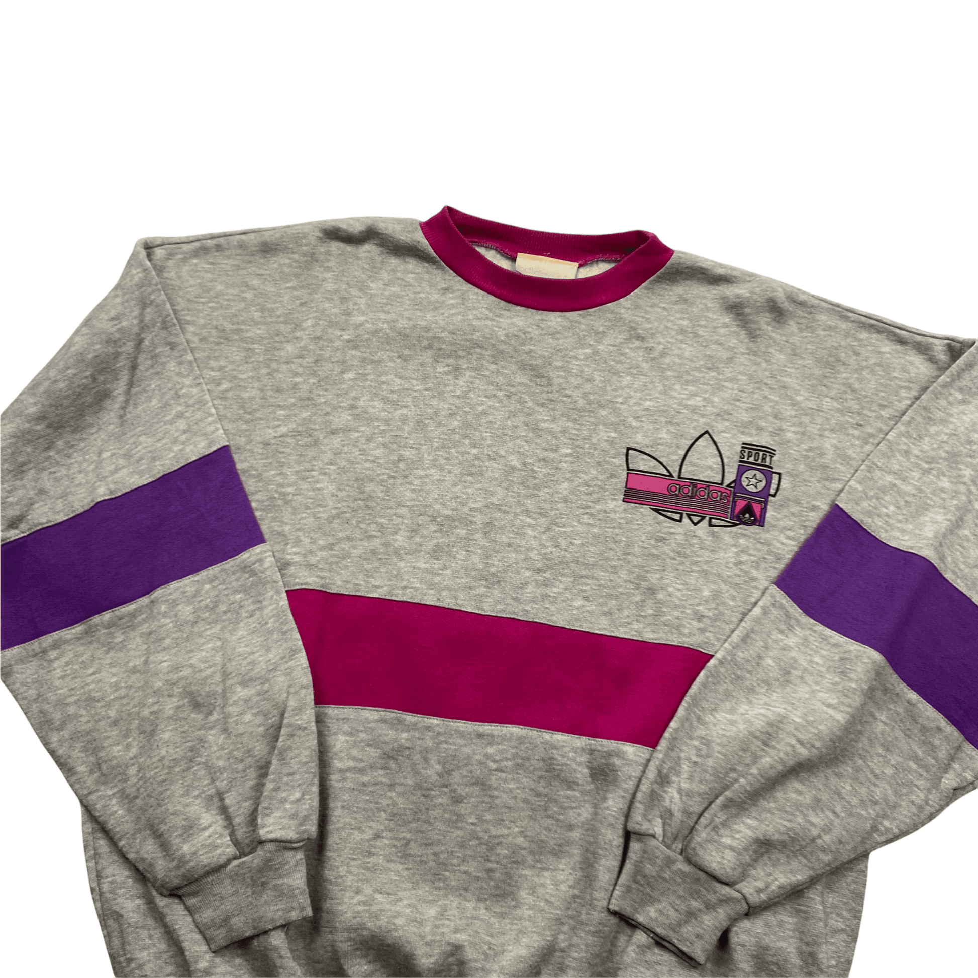 Vintage 90s Grey, Purple + Pink Adidas Spell-Out Sweatshirt - Large - The Streetwear Studio