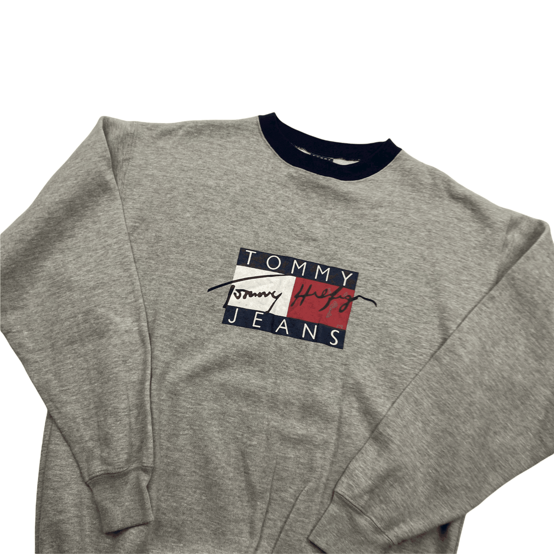 Vintage 90s Grey Tommy Hilfiger Jeans Spell-Out Sweatshirt - Large - The Streetwear Studio