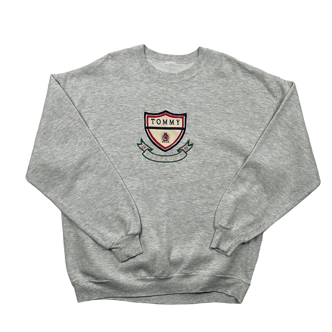 Vintage 90s Grey Tommy Hilfiger Spell-Out Sweatshirt - Large - The Streetwear Studio