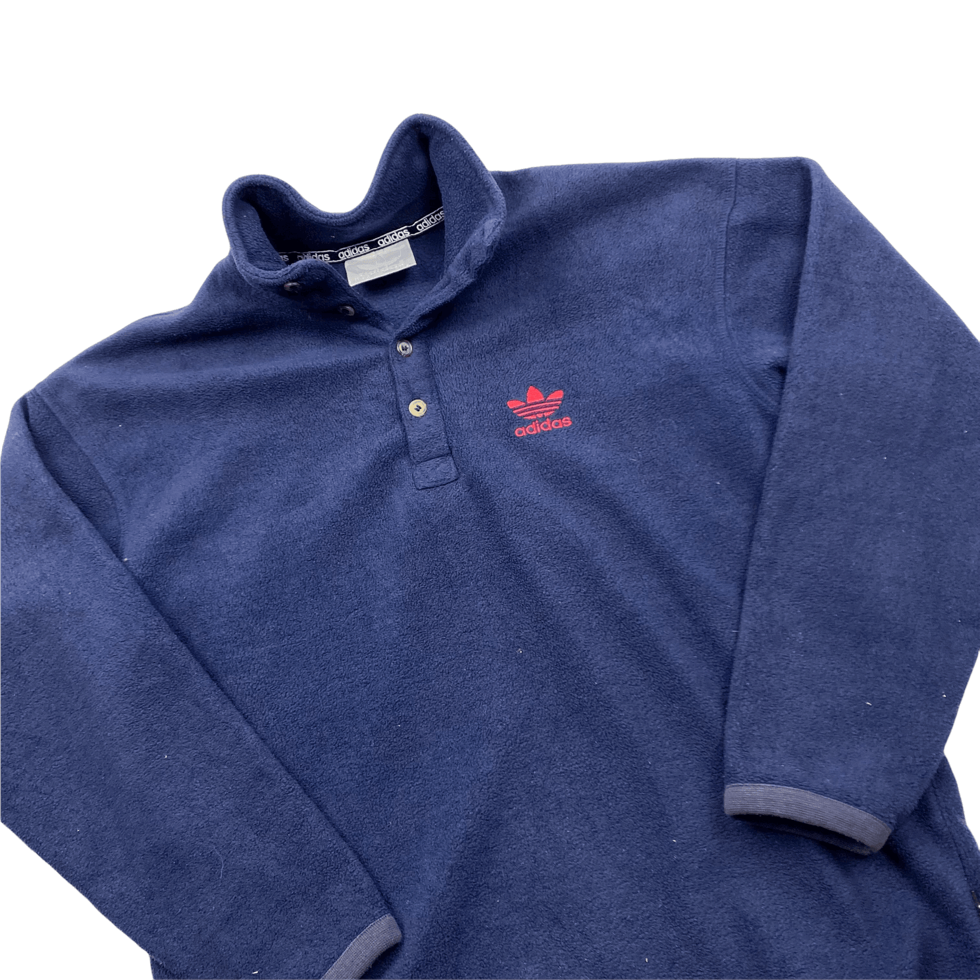 Vintage 90s Navy Blue Adidas Spell-Out Fleece Sweatshirt - Small - The Streetwear Studio