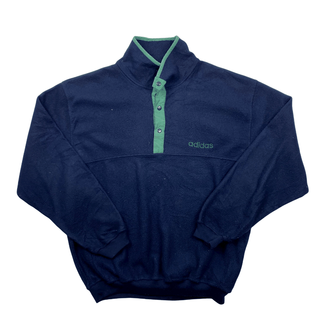 Vintage 90s Navy Blue Adidas Spell-Out Quarter Button Fleece - Large - The Streetwear Studio