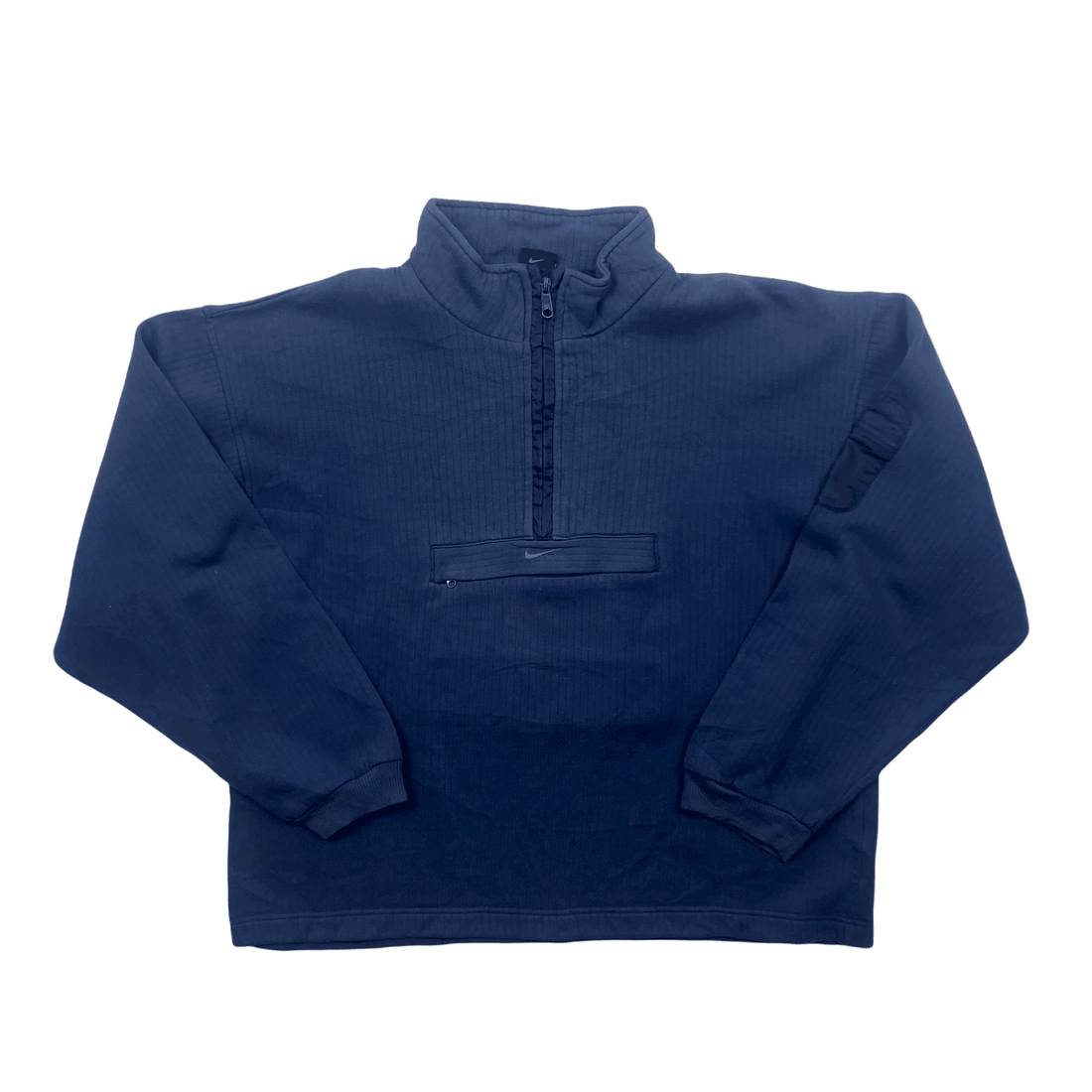 Vintage 90s Navy Blue Nike Centre Swoosh Oversized Quarter Zip Sweatshirt - Large (Recommended Size - Medium) - The Streetwear Studio