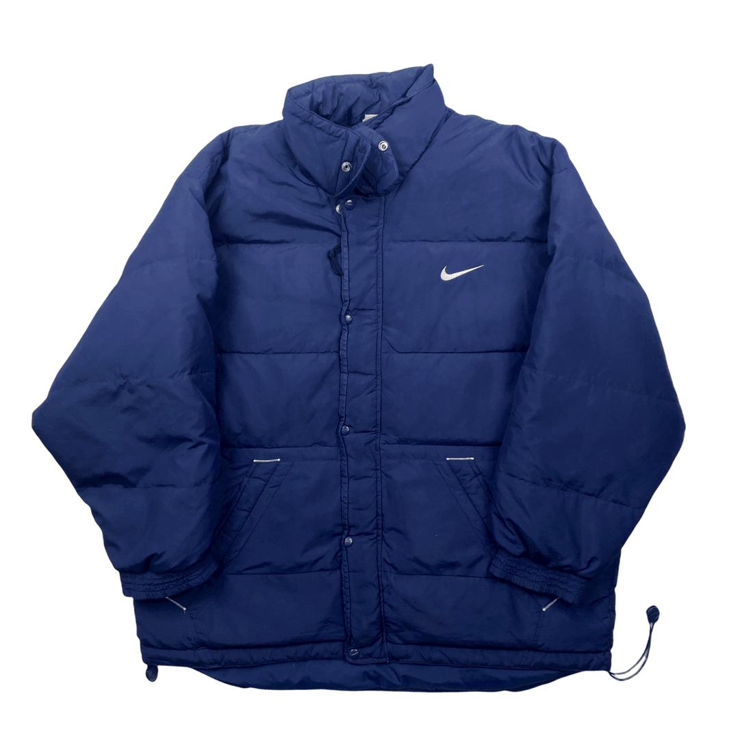 Vintage 90s Navy Blue Nike Large Logo Puffer Jacket - Extra Large - The Streetwear Studio
