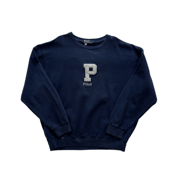 Vintage 90s Navy Blue Polo Ralph Lauren Spell-Out Sweatshirt - Extra Large - The Streetwear Studio
