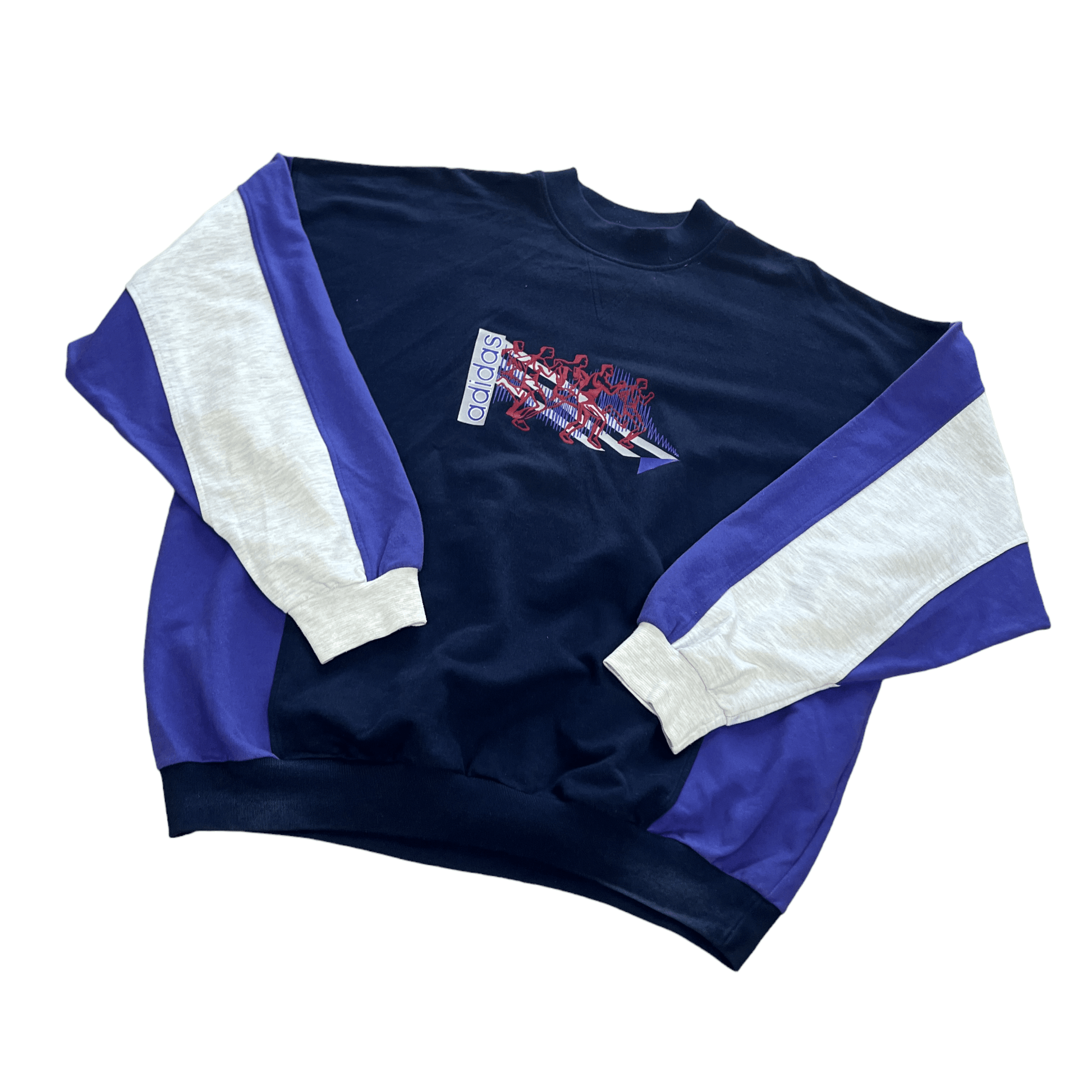 Vintage 90s Navy Blue, Purple + Grey Adidas Sweatshirt - Extra Large - The Streetwear Studio