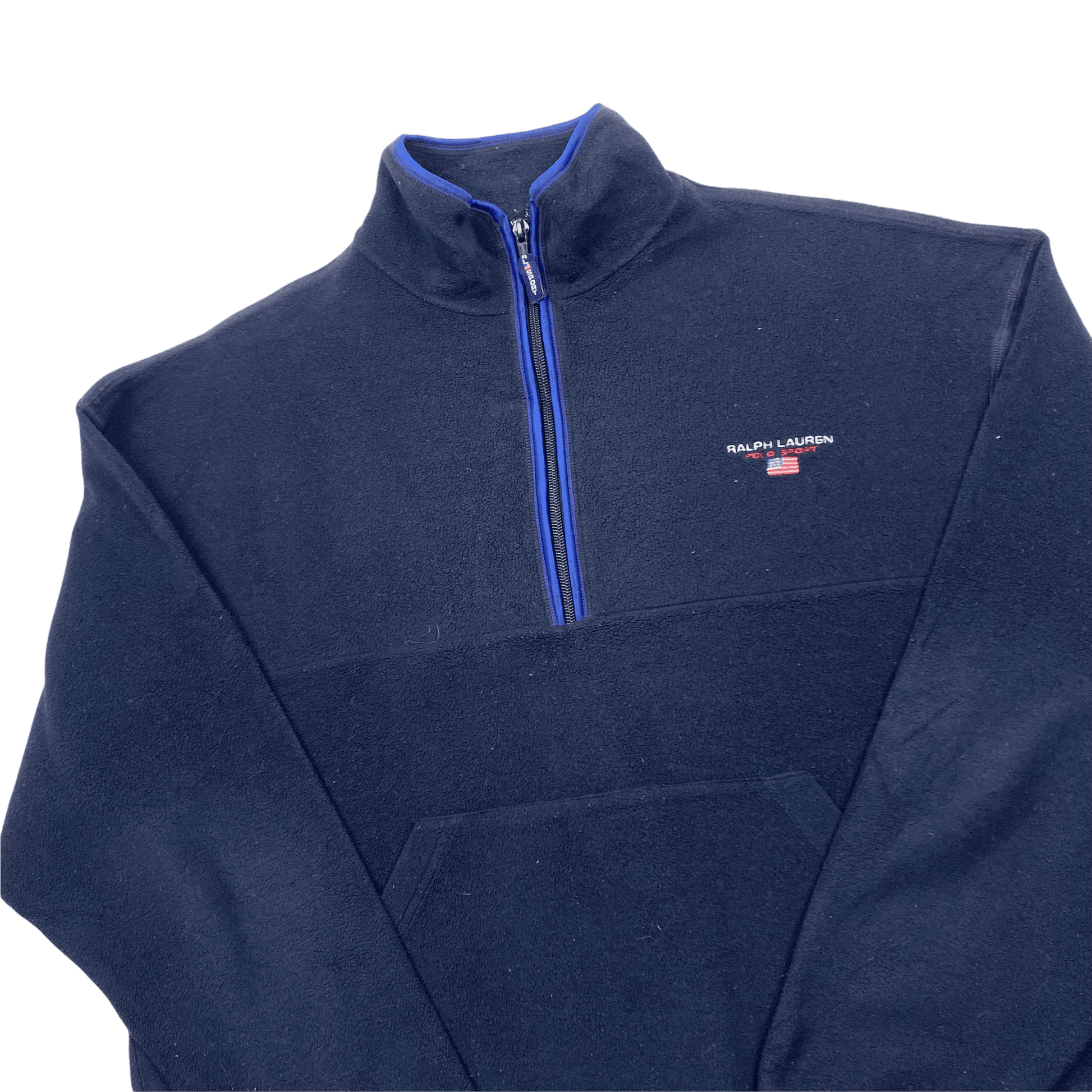 Vintage 90s Navy Blue Ralph Lauren Polo Sport Spell-Out Quarter Zip Fleece - Large (Recommended Size - Small) - The Streetwear Studio
